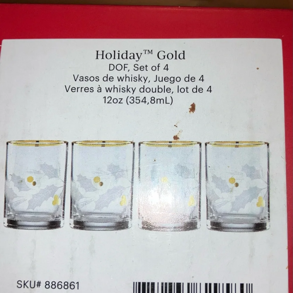 NWT and Box Never Used Lenox Holiday Gold Double Whisky Glasses Set of 4 12oz